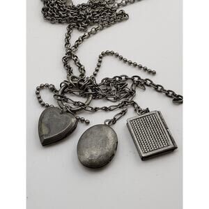 Vintage Silver Tone Multi Locket Necklace Heart - Oval - Bible Charm